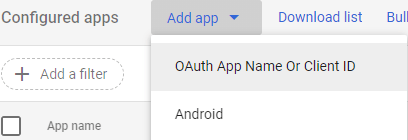 A dropdown menu labeled “Add app” with “Oauth App Name Or Client ID” highlighted