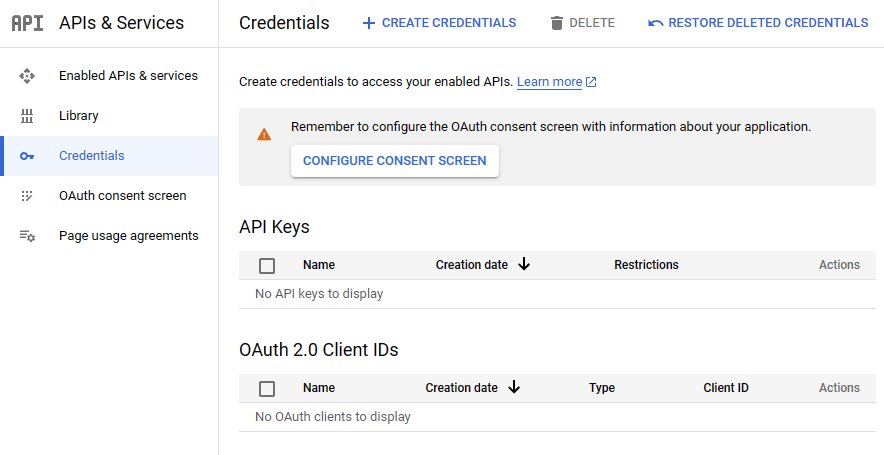 Google Cloud Credentials Screen