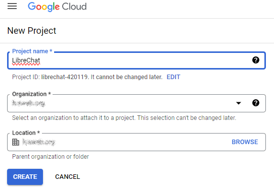 Google Cloud New Project Page