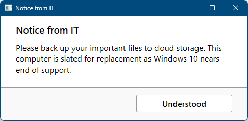 screenshot of a dialog box displaying a notice to move important files to cloud storage